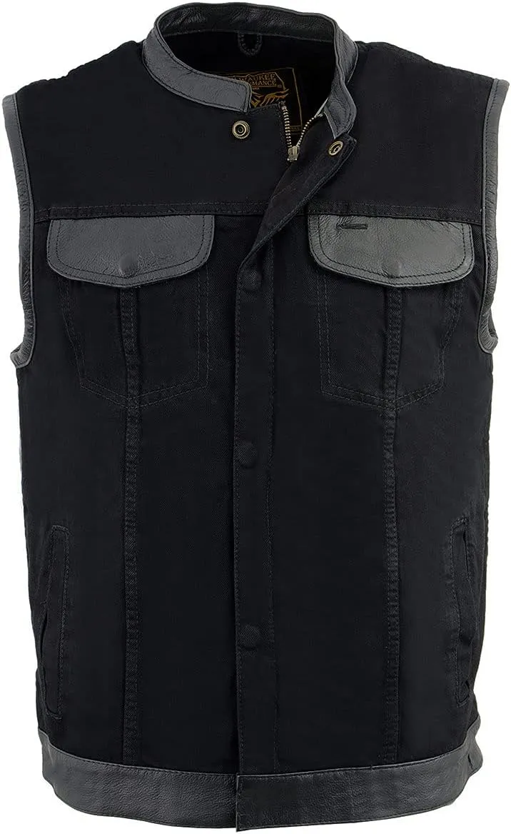 Milwaukee Leather MDM3010 Men's Black Denim Club Style Biker Vest with Leather Trim and Hidden Zipper