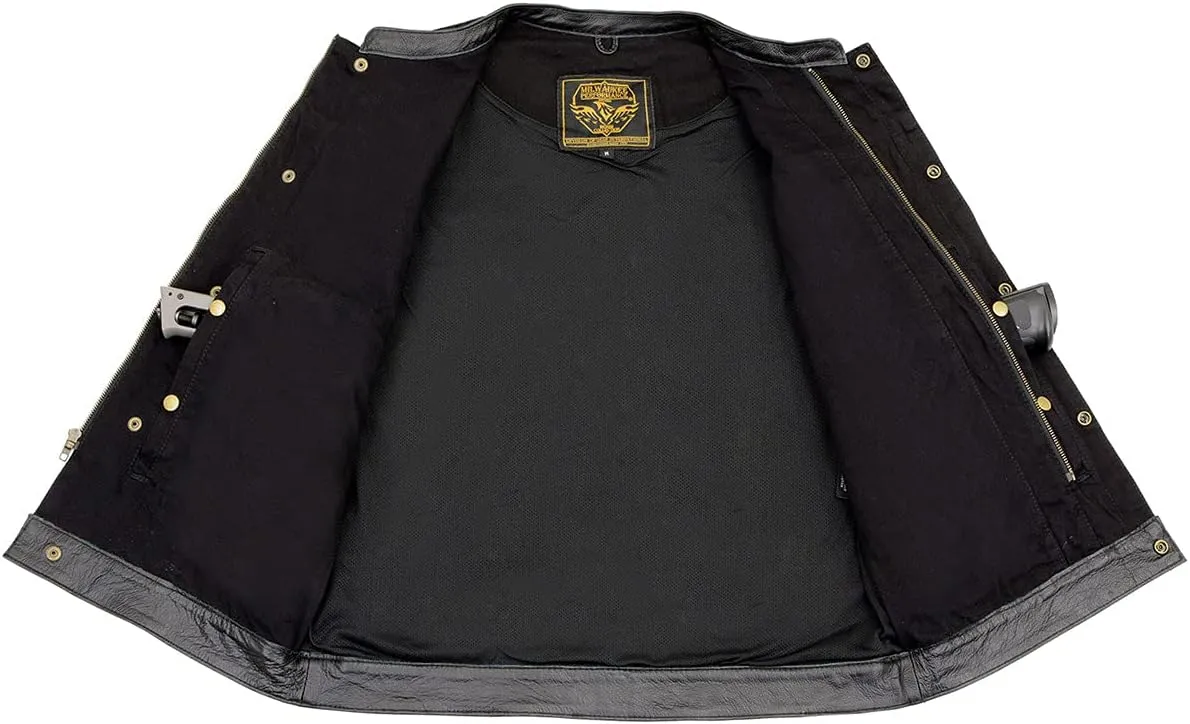 Milwaukee Leather MDM3010 Men's Black Denim Club Style Biker Vest with Leather Trim and Hidden Zipper