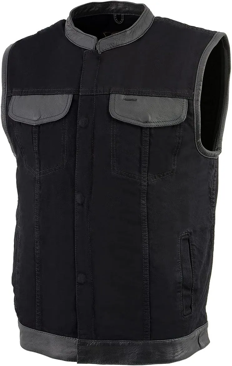 Milwaukee Leather MDM3010 Men's Black Denim Club Style Biker Vest with Leather Trim and Hidden Zipper