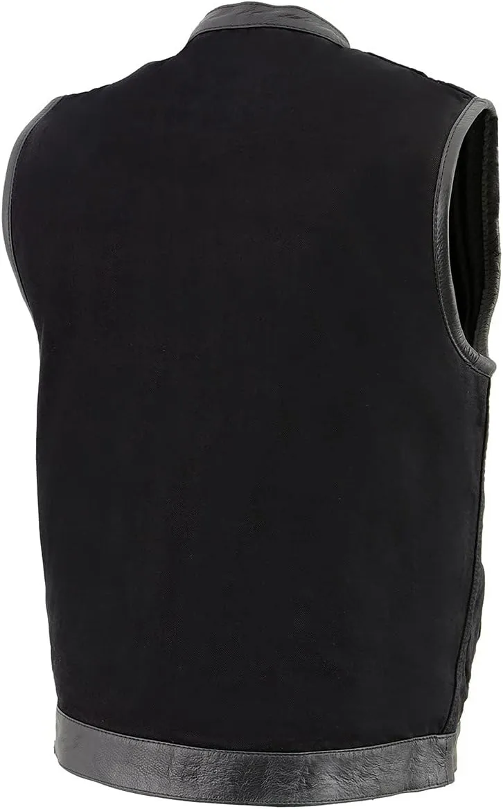 Milwaukee Leather MDM3010 Men's Black Denim Club Style Biker Vest with Leather Trim and Hidden Zipper