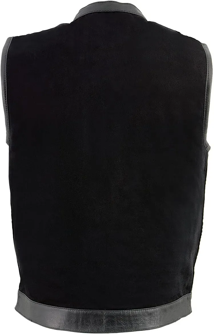 Milwaukee Leather MDM3010 Men's Black Denim Club Style Biker Vest with Leather Trim and Hidden Zipper