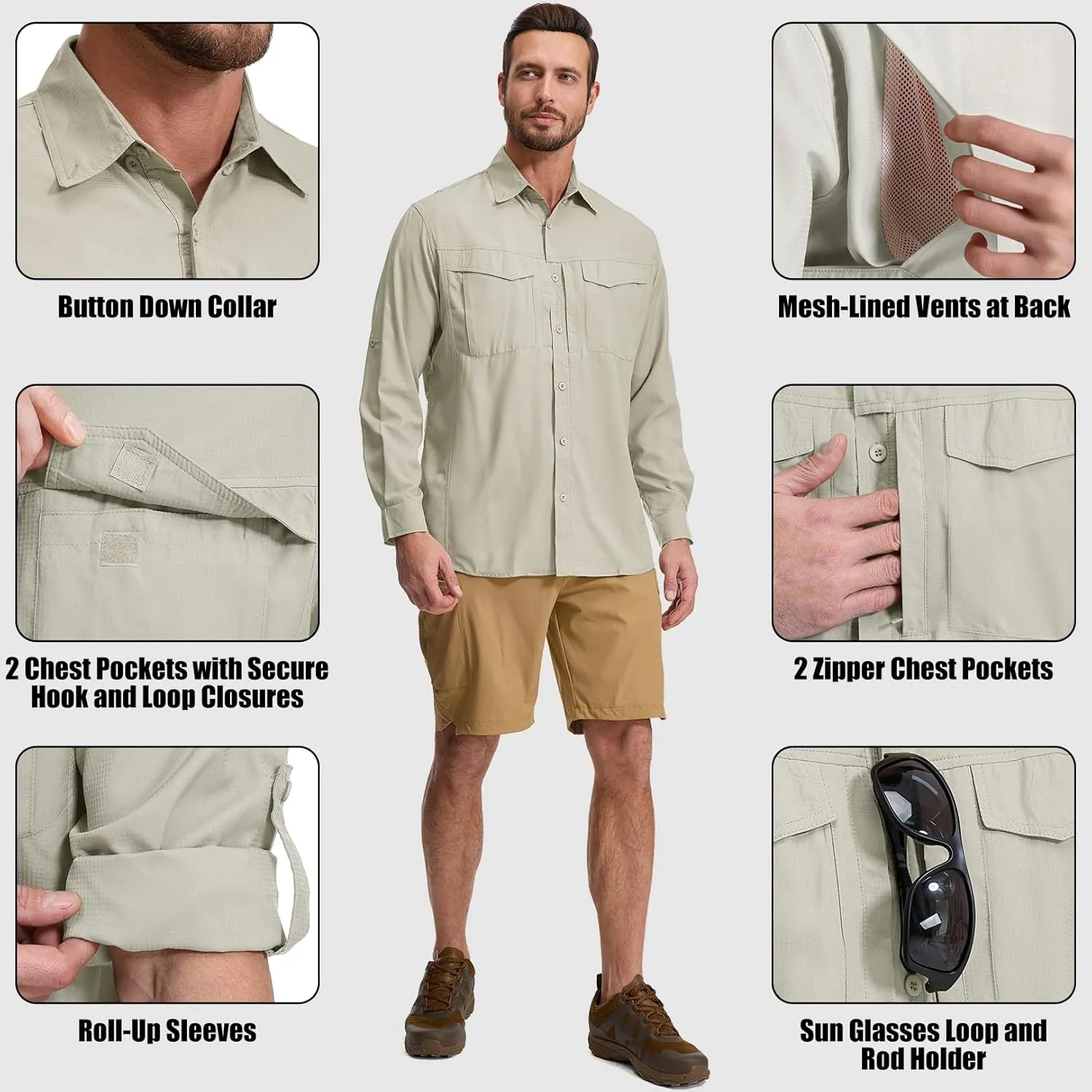 mixtiq Men's Sun Protection Safari Shirts Long Sleeve UPF 50  UV Quick Dry Travel Hiking Fishing Shirts with Zipper