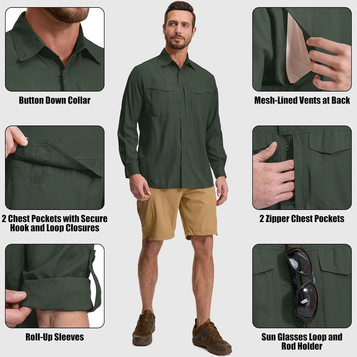 mixtiq Men's Sun Protection Safari Shirts Long Sleeve UPF 50  UV Quick Dry Travel Hiking Fishing Shirts with Zipper