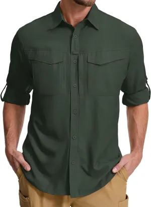 mixtiq Men's Sun Protection Safari Shirts Long Sleeve UPF 50  UV Quick Dry Travel Hiking Fishing Shirts with Zipper