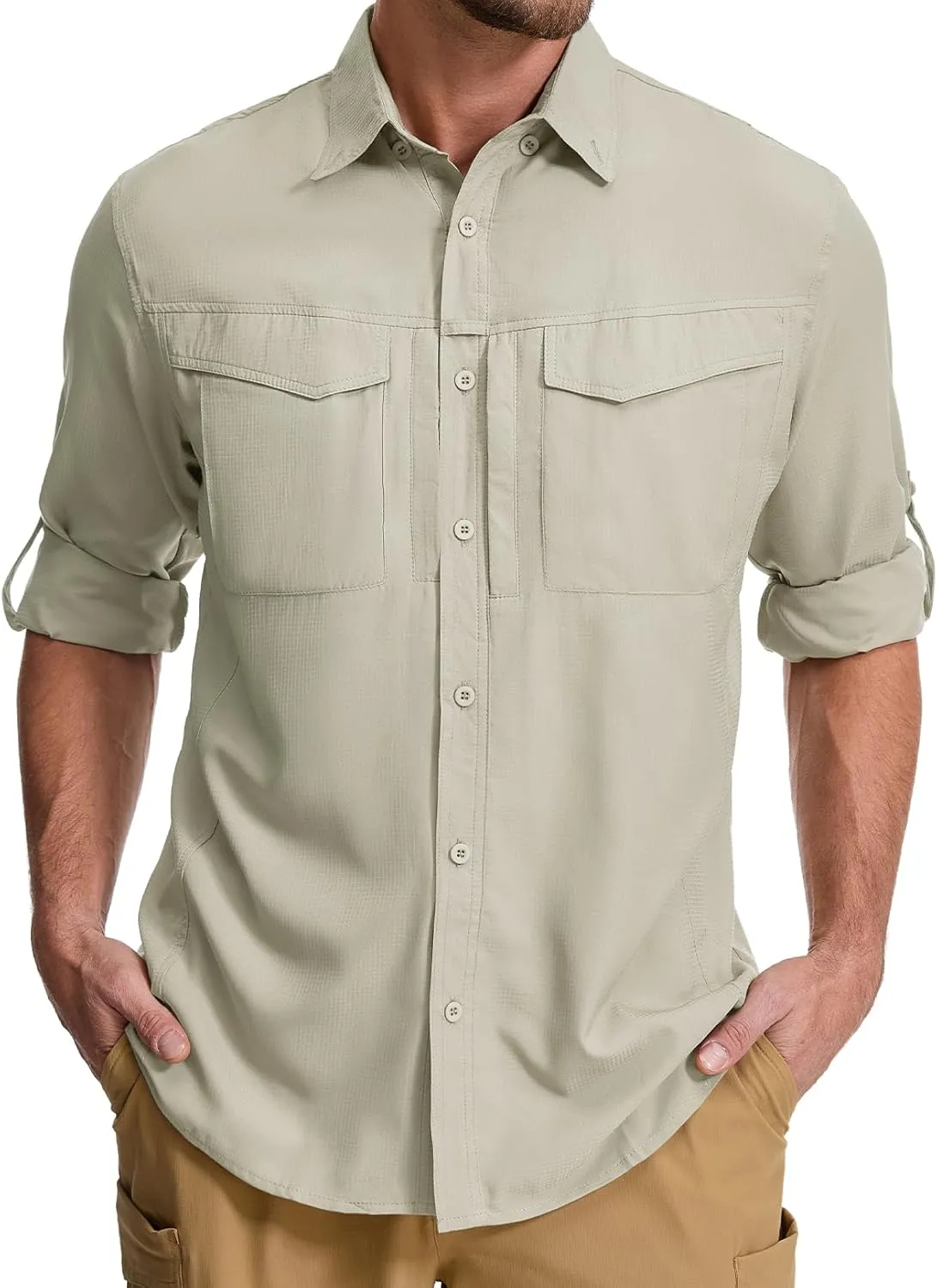 mixtiq Men's Sun Protection Safari Shirts Long Sleeve UPF 50  UV Quick Dry Travel Hiking Fishing Shirts with Zipper