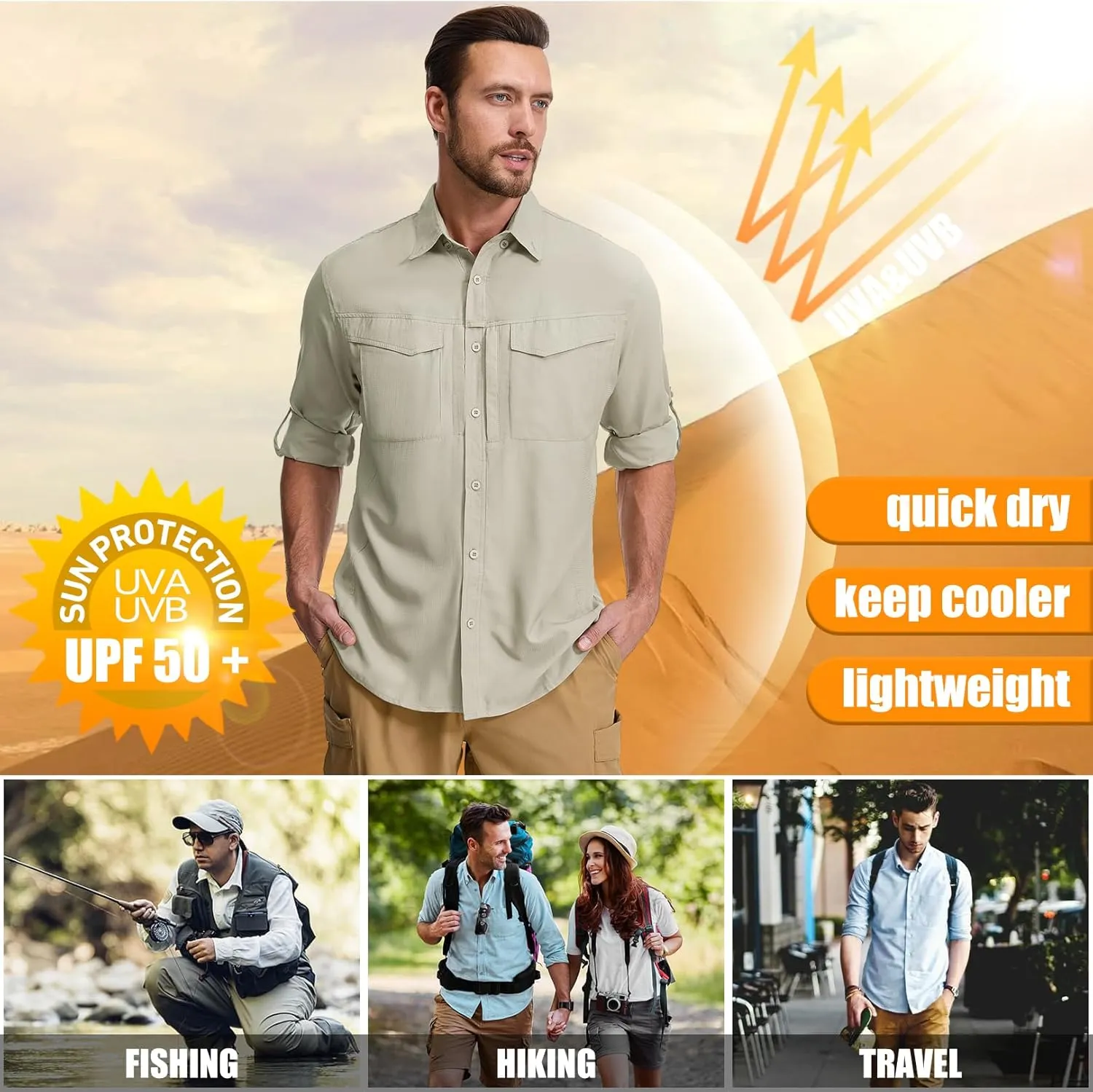 mixtiq Men's Sun Protection Safari Shirts Long Sleeve UPF 50  UV Quick Dry Travel Hiking Fishing Shirts with Zipper