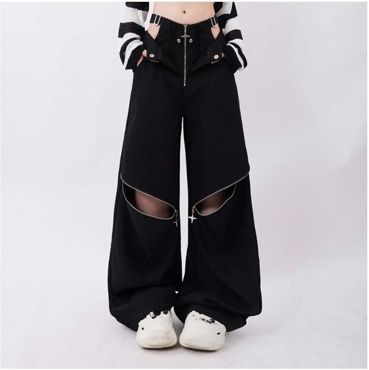 MLAFE Gothic Loose Wide Leg Pants Black Pants with Chain Goth Multi-Zip Punk Pants Y2k Bell Bottom Jeans Hip Hop Clothes