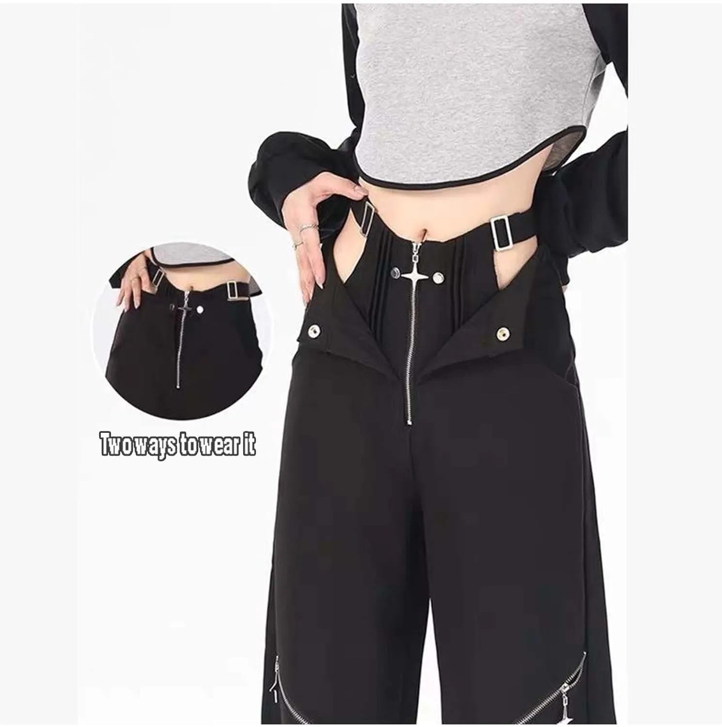 MLAFE Gothic Loose Wide Leg Pants Black Pants with Chain Goth Multi-Zip Punk Pants Y2k Bell Bottom Jeans Hip Hop Clothes