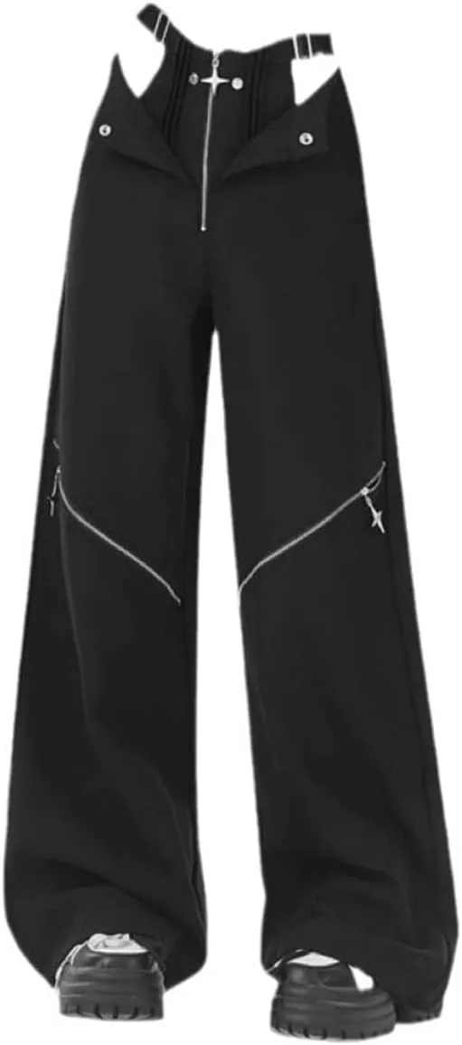MLAFE Gothic Loose Wide Leg Pants Black Pants with Chain Goth Multi-Zip Punk Pants Y2k Bell Bottom Jeans Hip Hop Clothes