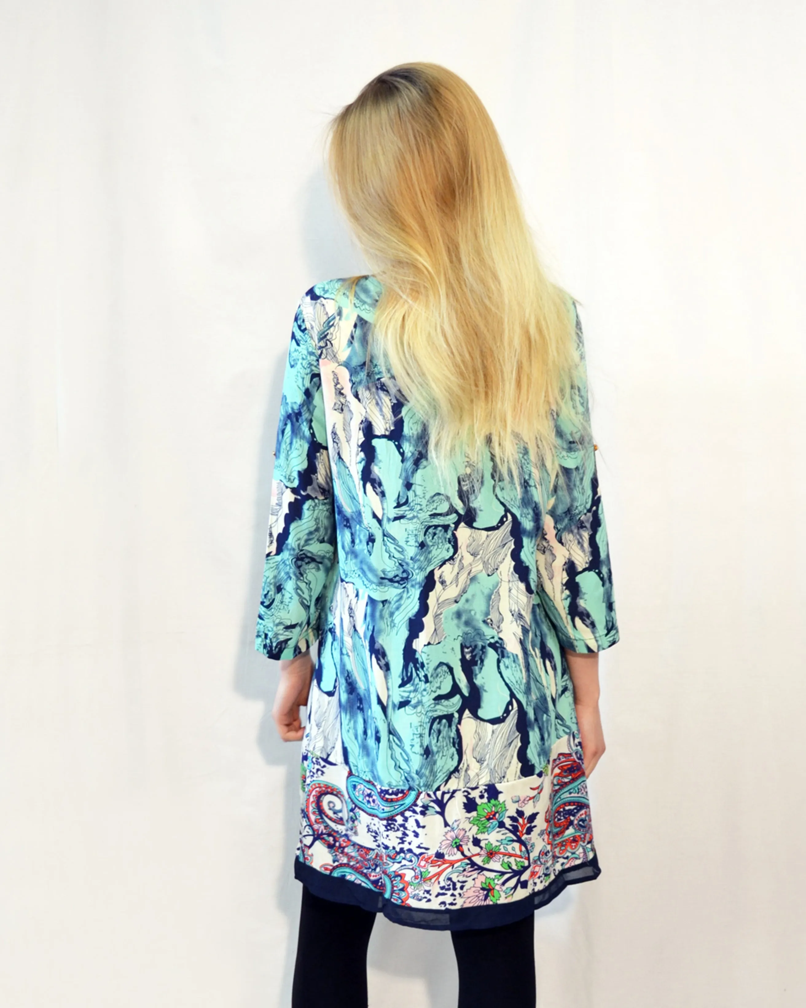 Multi Color Floral Print 3/4 Long Sleeves Cotton Dress (GREEN)
