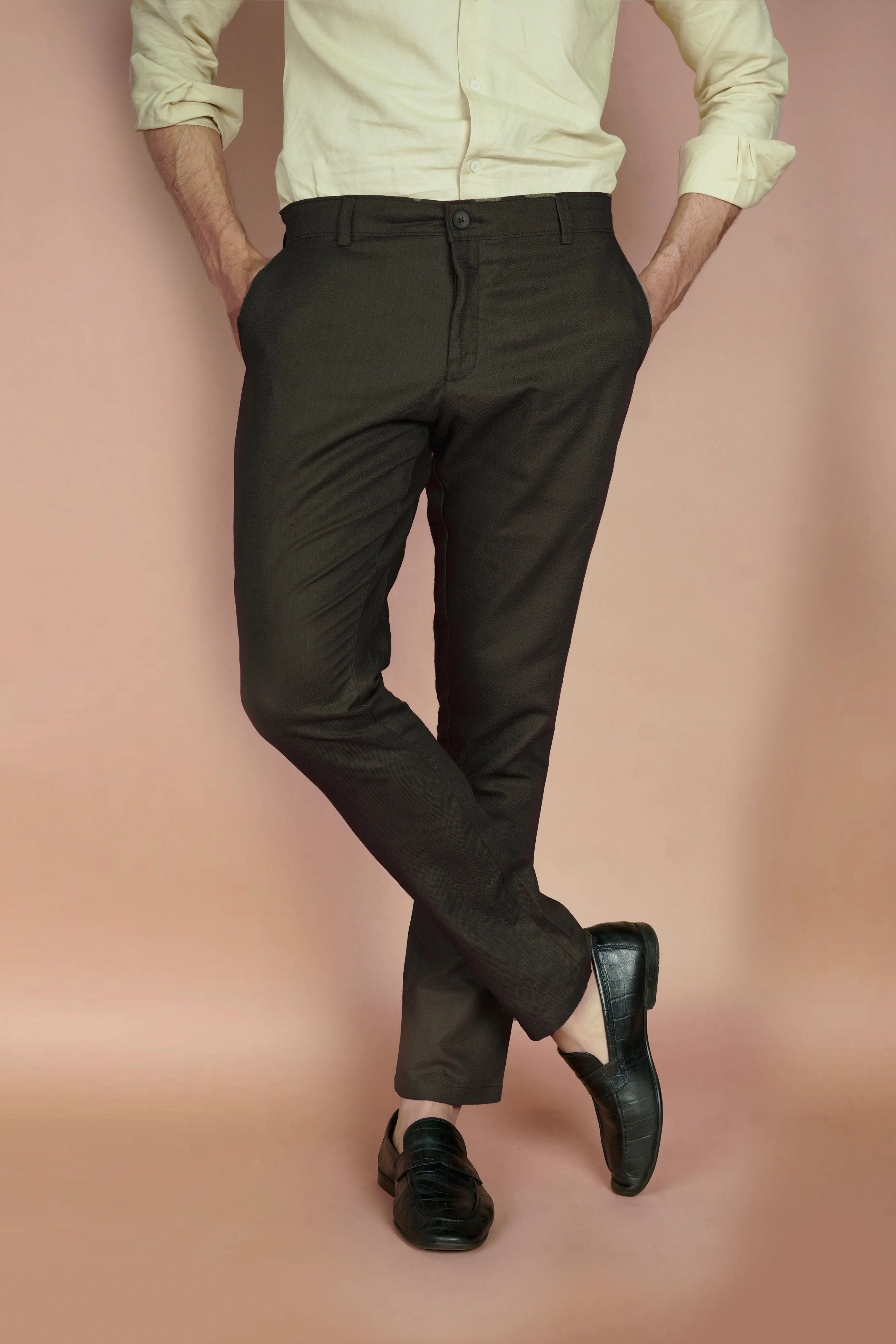 Mustard Green Herringbone Linen Trousers