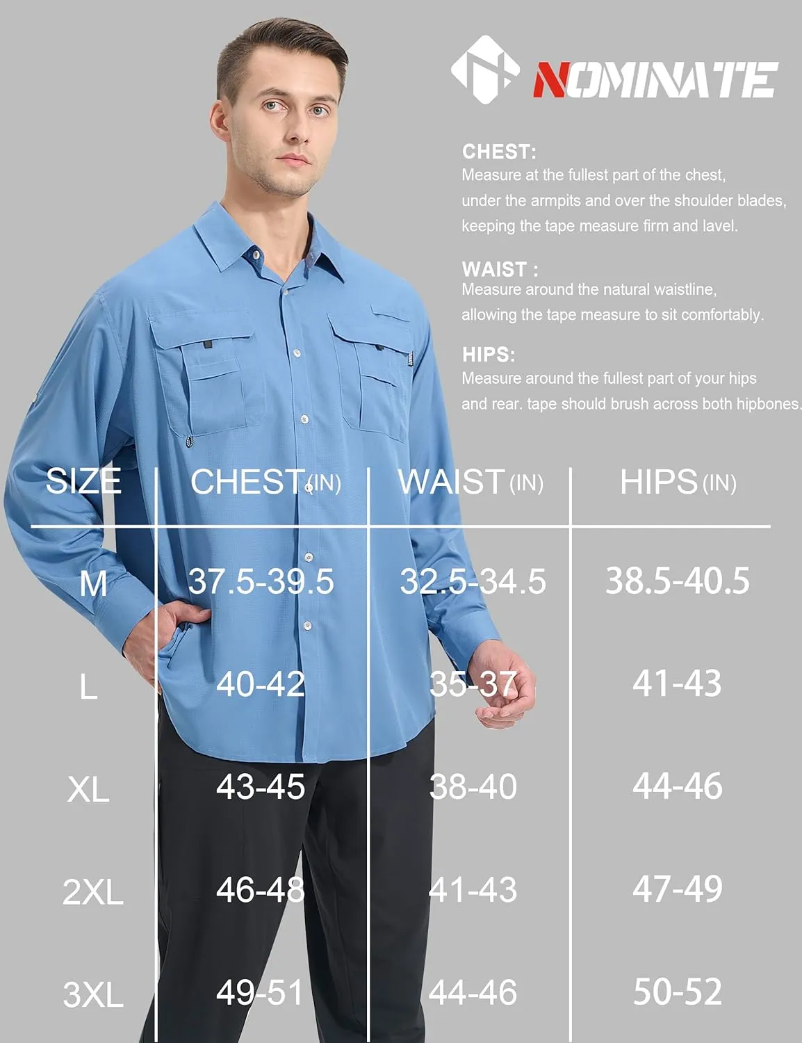 NOMINATE Mens Long Sleeve Fishing Shirts UPF 50  UV Protection Sun Shirts Quick Drying Hiking Lightweight