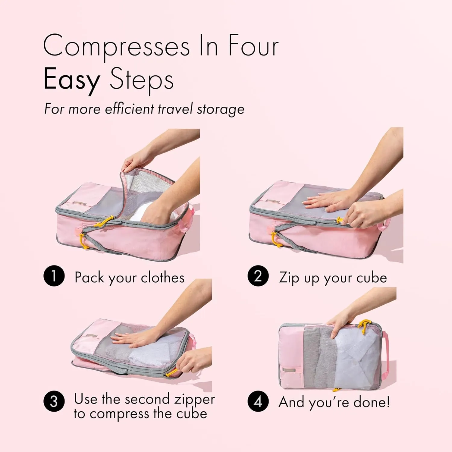 (Not Made In China) Compression Packing Cubes For Travel 6pc Set, Suitcase and Luggage Organizer Bags, Lightweight, Durable (6pc, Baby Pink)