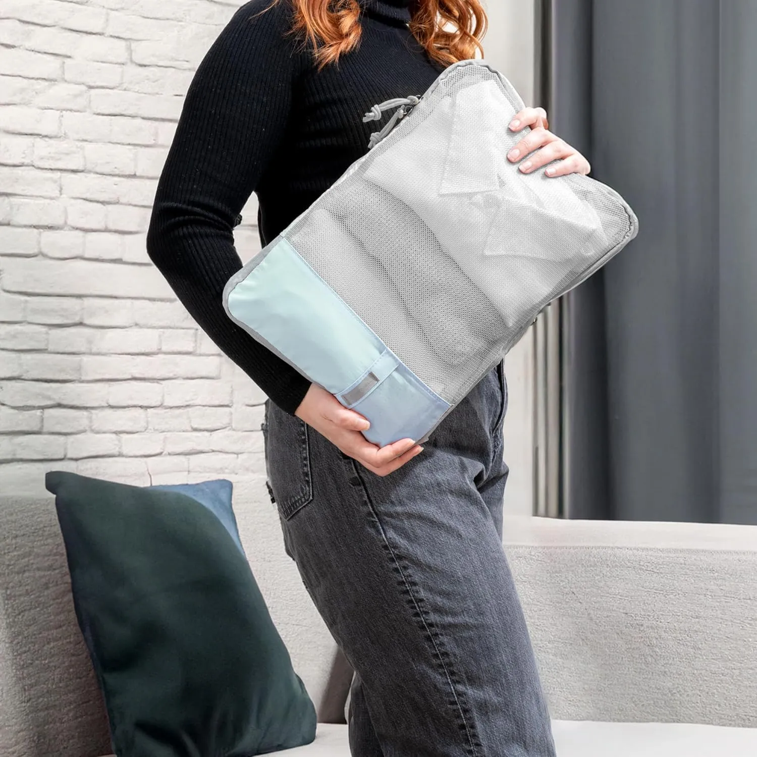(Not Made In China) Compression Packing Cubes For Travel 6pc Set, Suitcase and Luggage Organizer Bags, Lightweight, Durable (6pc, Light Blue)