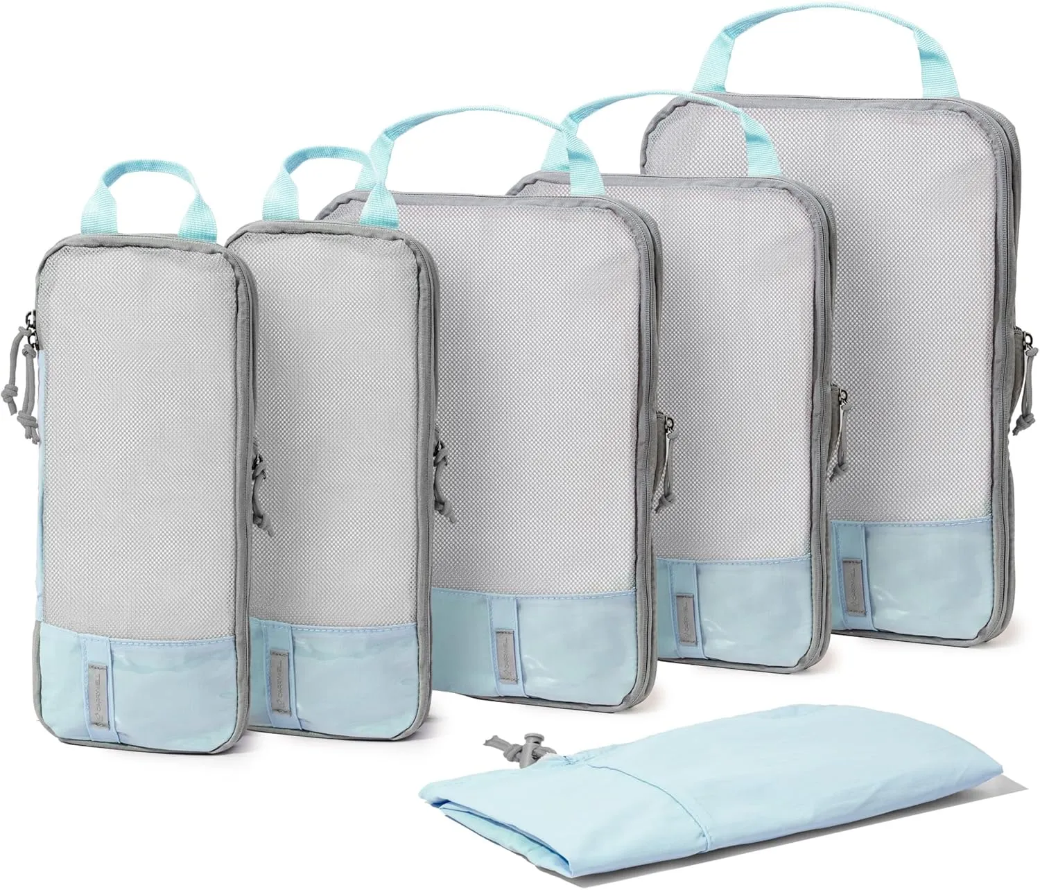 (Not Made In China) Compression Packing Cubes For Travel 6pc Set, Suitcase and Luggage Organizer Bags, Lightweight, Durable (6pc, Light Blue)
