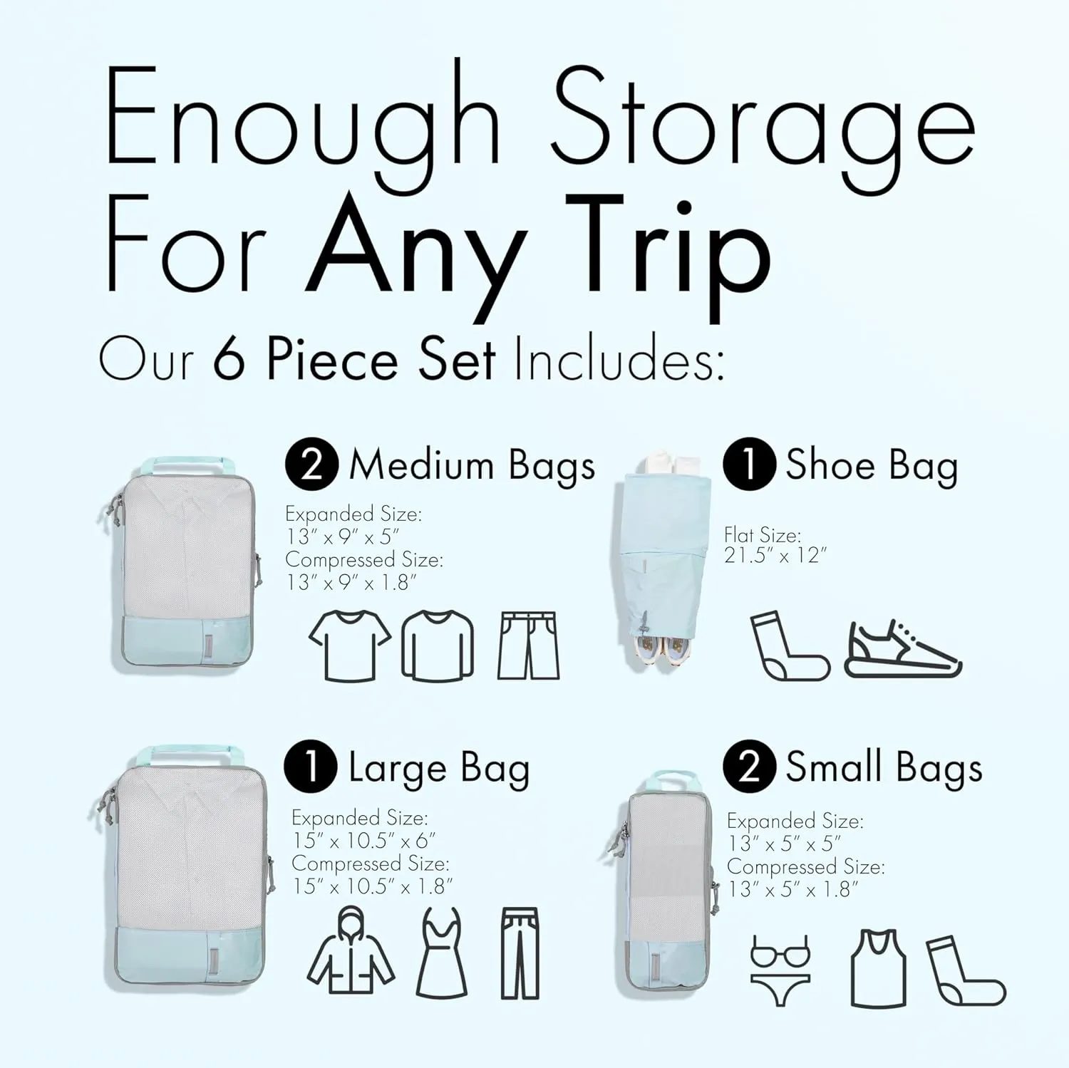 (Not Made In China) Compression Packing Cubes For Travel 6pc Set, Suitcase and Luggage Organizer Bags, Lightweight, Durable (6pc, Light Blue)