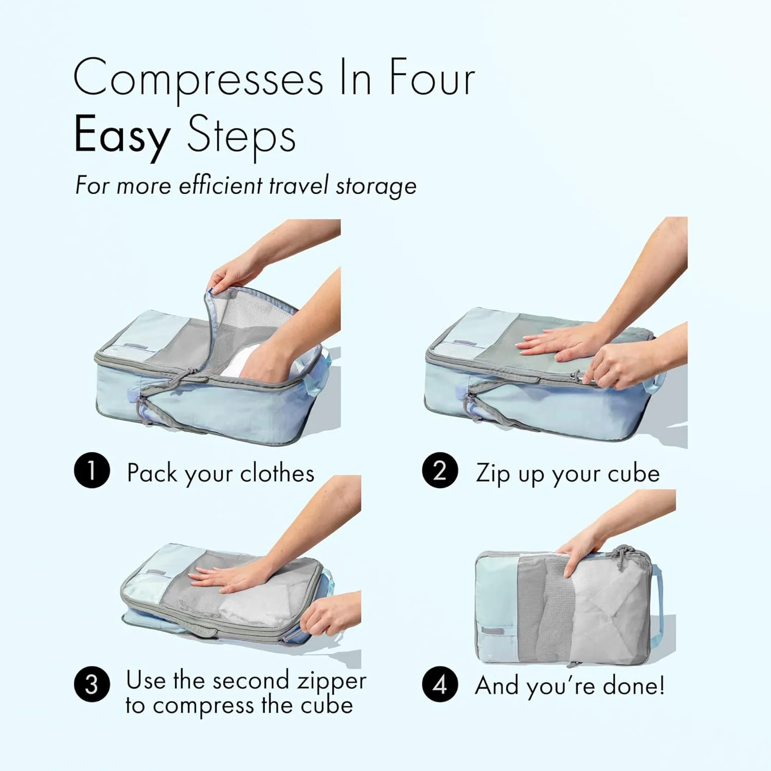 (Not Made In China) Compression Packing Cubes For Travel 6pc Set, Suitcase and Luggage Organizer Bags, Lightweight, Durable (6pc, Light Blue)