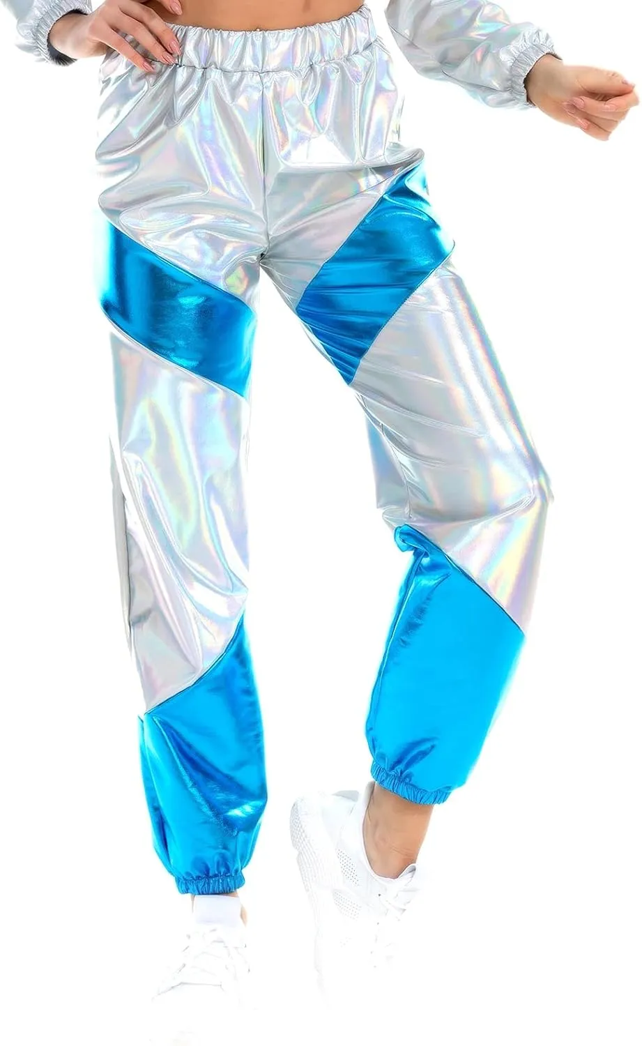 OBEEII Women's Metallic Shinny High Waist Pants, Holographic Jogger Sweatpants Hip Hop Workout Trousers Club Wear