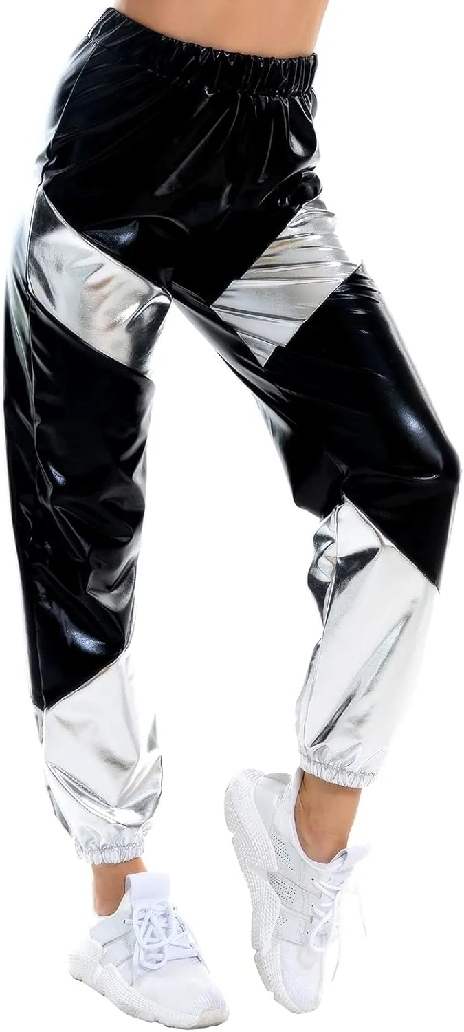 OBEEII Women's Metallic Shinny High Waist Pants, Holographic Jogger Sweatpants Hip Hop Workout Trousers Club Wear