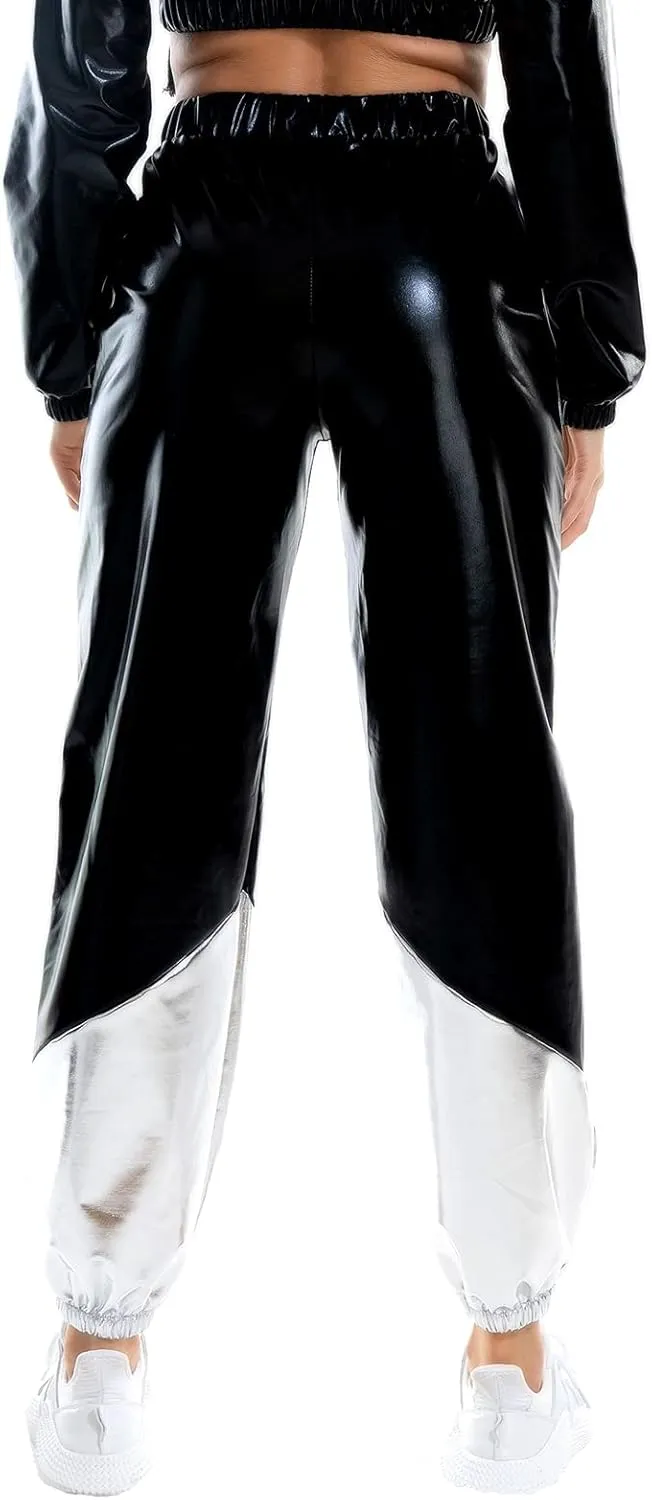 OBEEII Women's Metallic Shinny High Waist Pants, Holographic Jogger Sweatpants Hip Hop Workout Trousers Club Wear