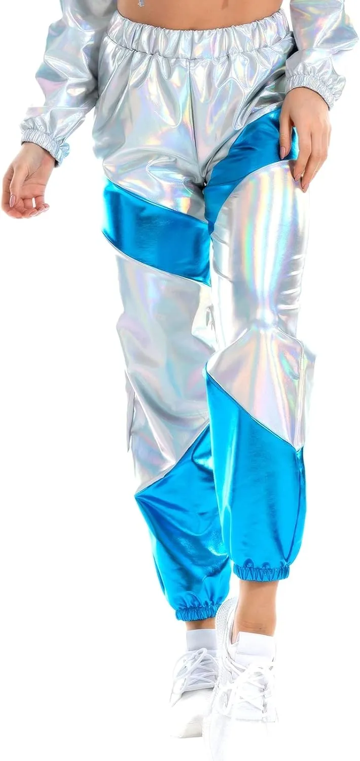 OBEEII Women's Metallic Shinny High Waist Pants, Holographic Jogger Sweatpants Hip Hop Workout Trousers Club Wear