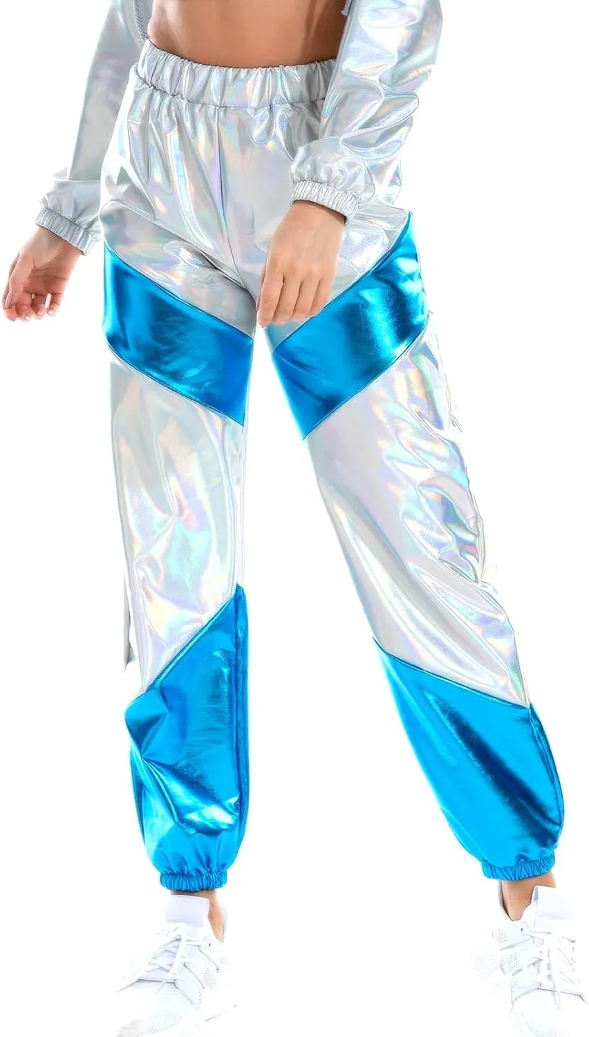OBEEII Women's Metallic Shinny High Waist Pants, Holographic Jogger Sweatpants Hip Hop Workout Trousers Club Wear