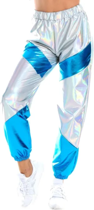 OBEEII Women's Metallic Shinny High Waist Pants, Holographic Jogger Sweatpants Hip Hop Workout Trousers Club Wear