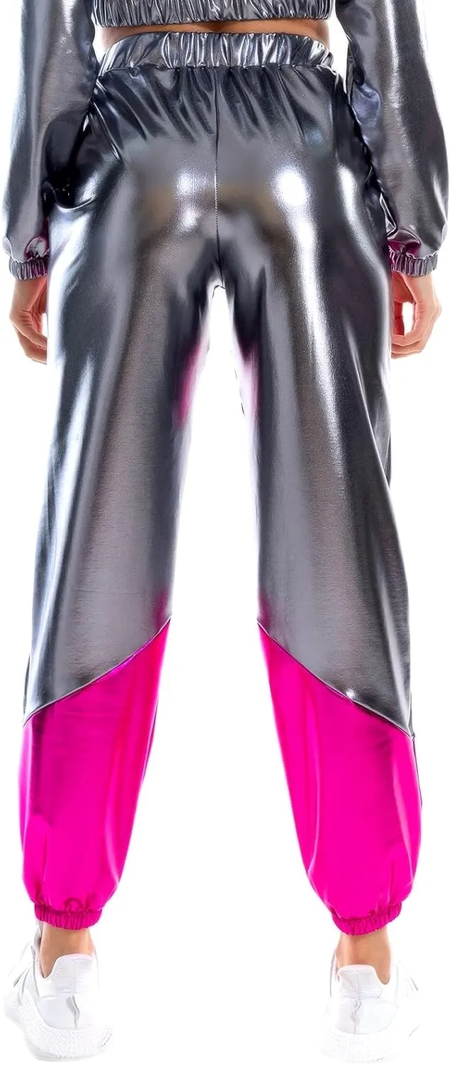 OBEEII Women's Metallic Shinny High Waist Pants, Holographic Jogger Sweatpants Hip Hop Workout Trousers Club Wear