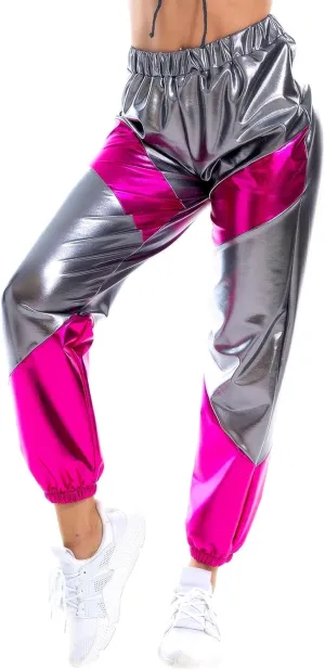 OBEEII Women's Metallic Shinny High Waist Pants, Holographic Jogger Sweatpants Hip Hop Workout Trousers Club Wear