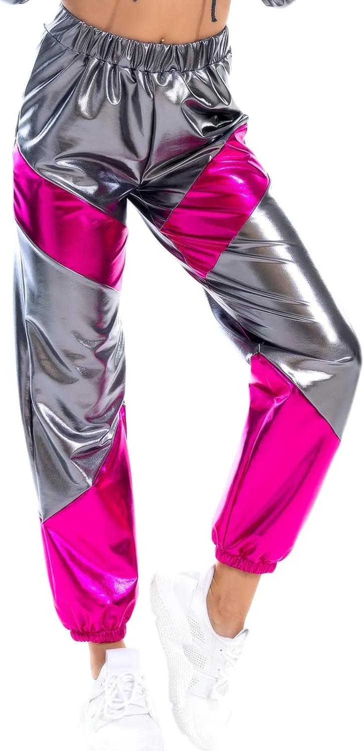 OBEEII Women's Metallic Shinny High Waist Pants, Holographic Jogger Sweatpants Hip Hop Workout Trousers Club Wear