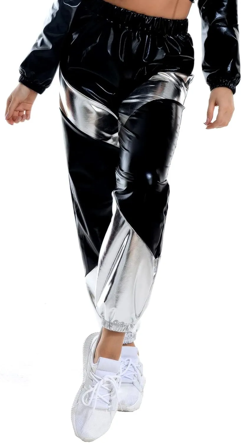 OBEEII Women's Metallic Shinny High Waist Pants, Holographic Jogger Sweatpants Hip Hop Workout Trousers Club Wear