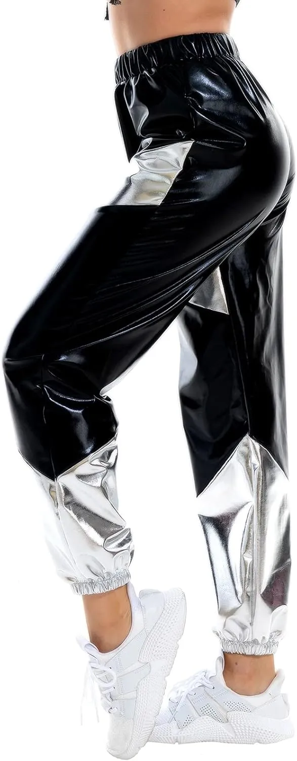 OBEEII Women's Metallic Shinny High Waist Pants, Holographic Jogger Sweatpants Hip Hop Workout Trousers Club Wear