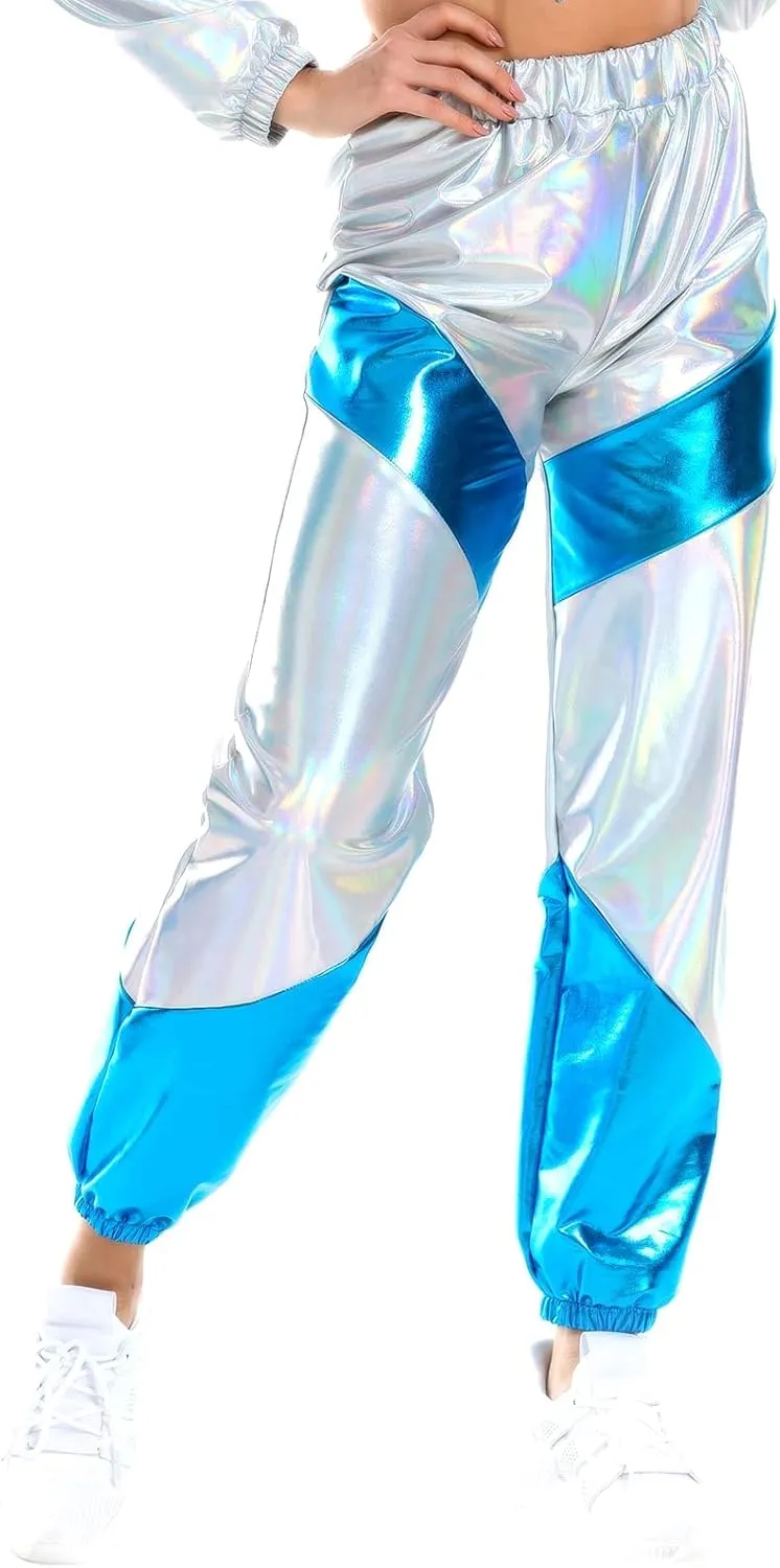 OBEEII Women's Metallic Shinny High Waist Pants, Holographic Jogger Sweatpants Hip Hop Workout Trousers Club Wear