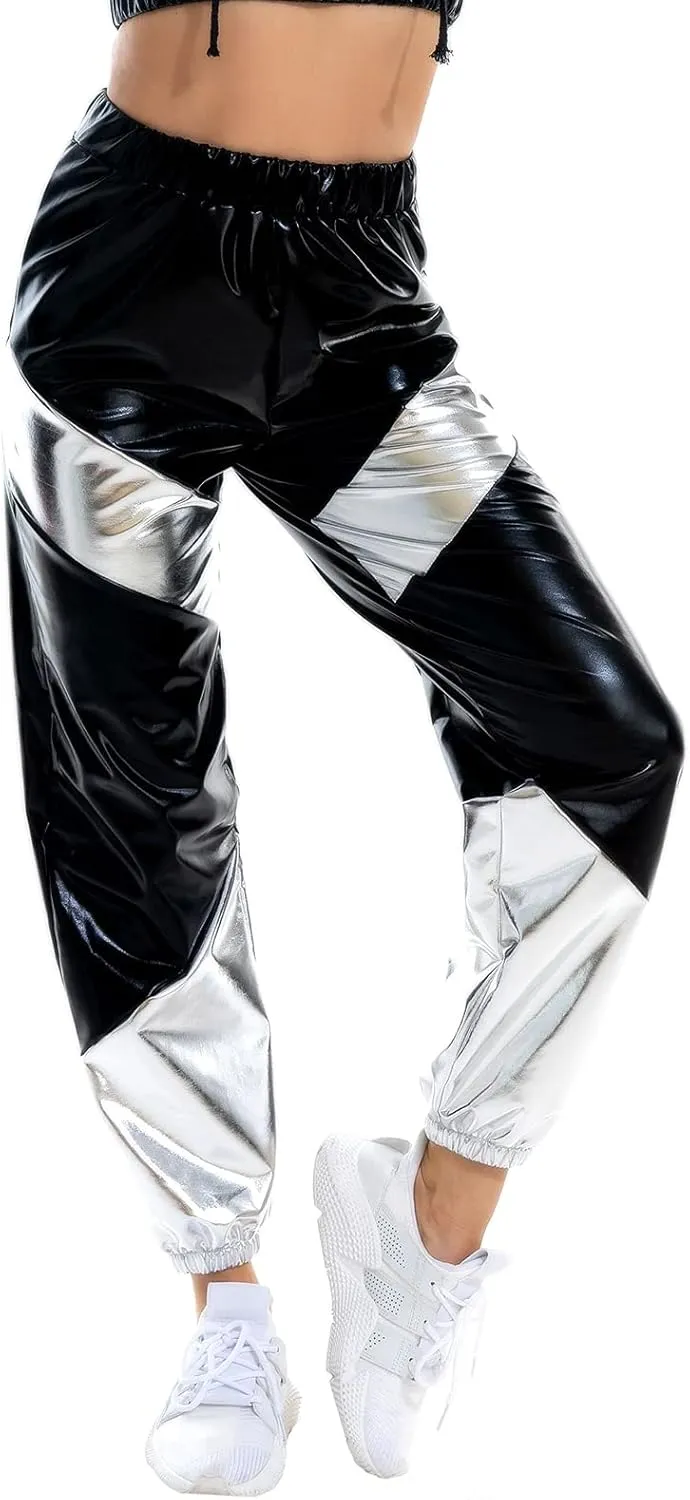 OBEEII Women's Metallic Shinny High Waist Pants, Holographic Jogger Sweatpants Hip Hop Workout Trousers Club Wear