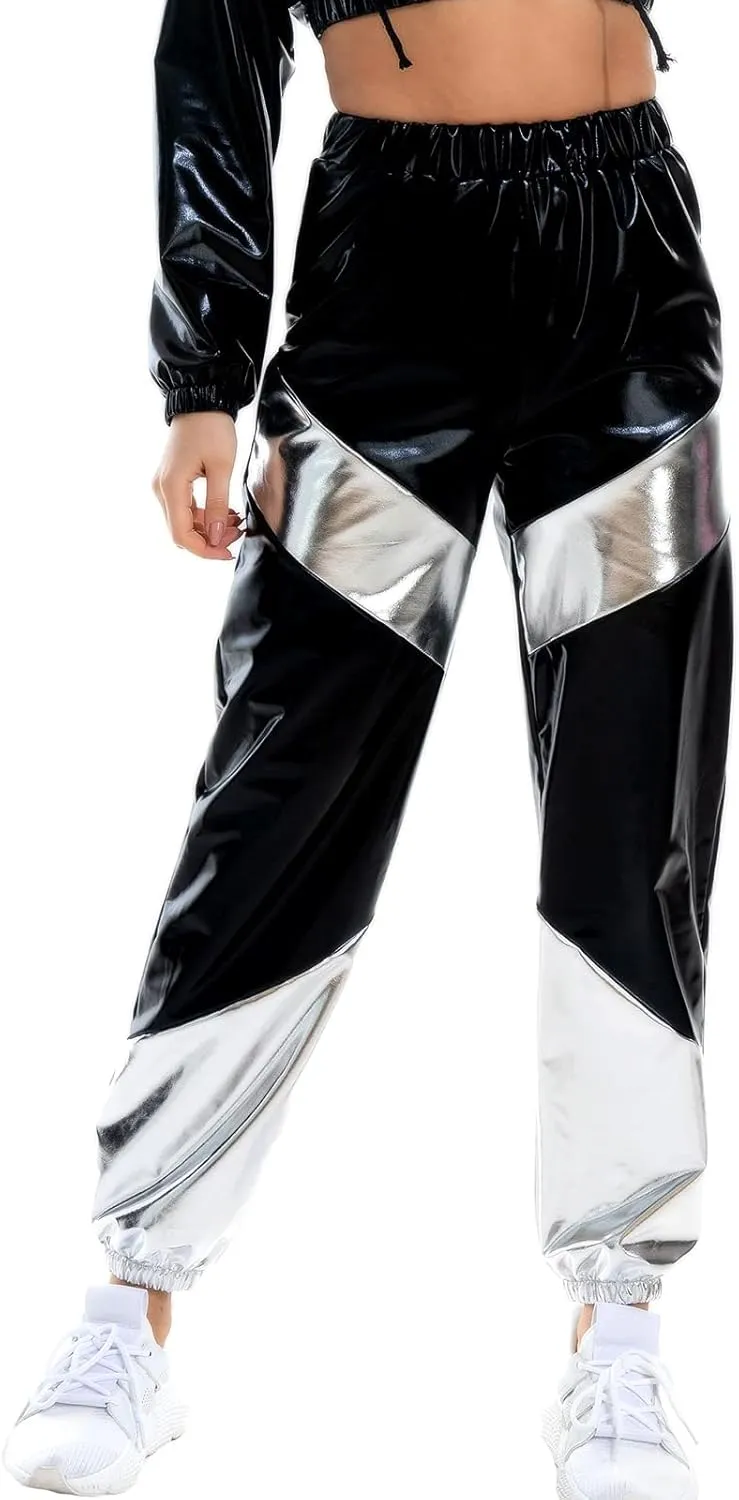 OBEEII Women's Metallic Shinny High Waist Pants, Holographic Jogger Sweatpants Hip Hop Workout Trousers Club Wear