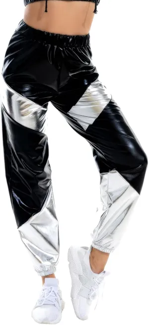 OBEEII Women's Metallic Shinny High Waist Pants, Holographic Jogger Sweatpants Hip Hop Workout Trousers Club Wear