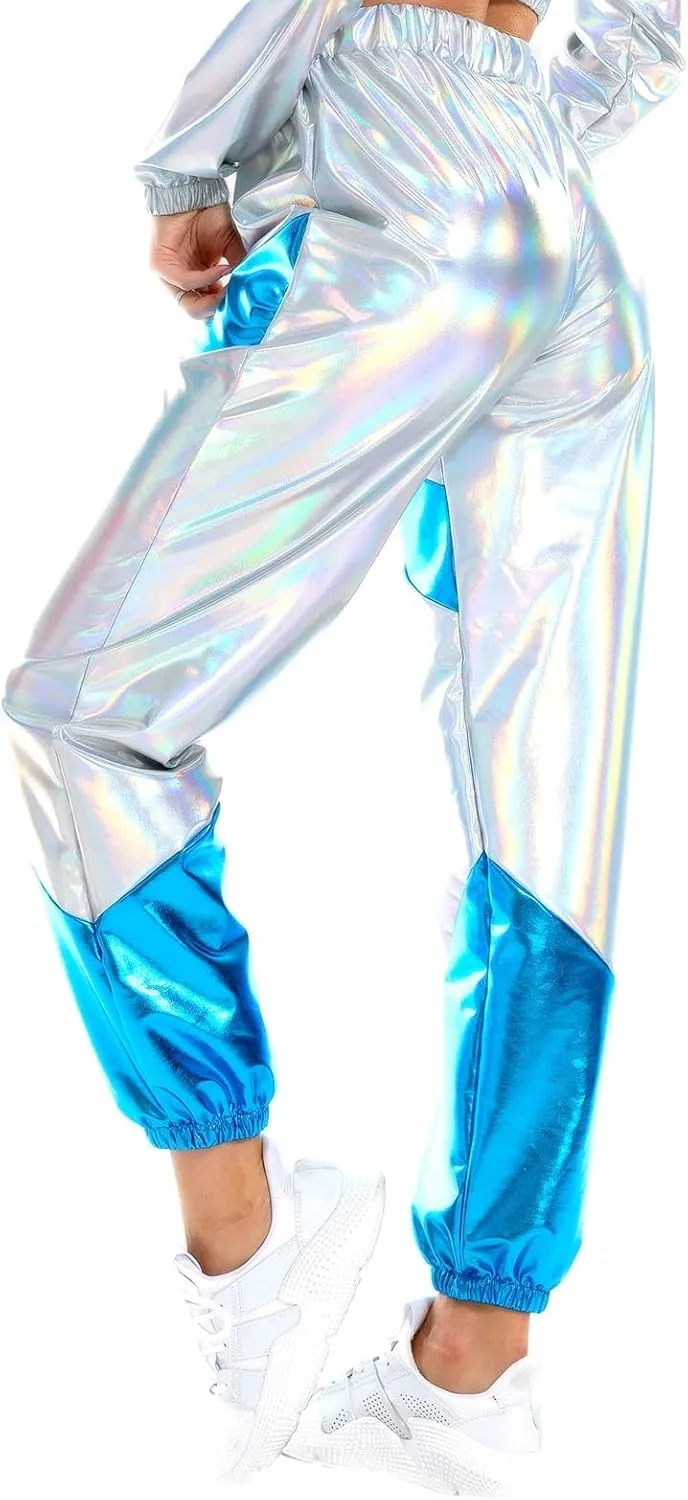 OBEEII Women's Metallic Shinny High Waist Pants, Holographic Jogger Sweatpants Hip Hop Workout Trousers Club Wear