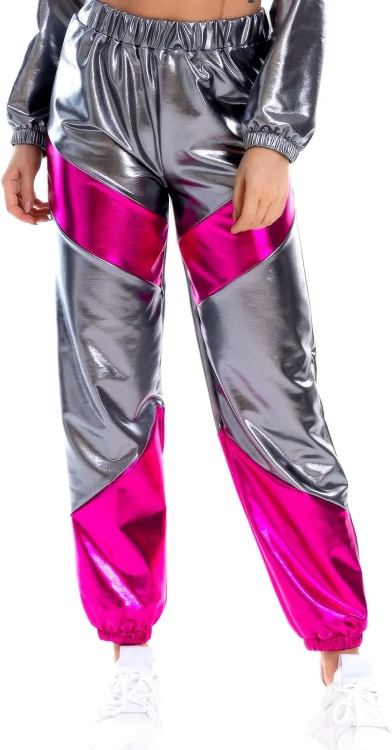 OBEEII Women's Metallic Shinny High Waist Pants, Holographic Jogger Sweatpants Hip Hop Workout Trousers Club Wear