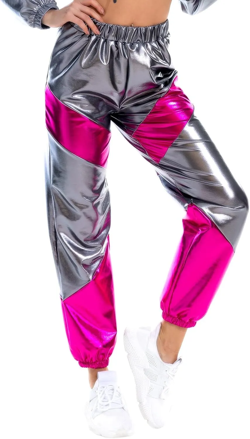 OBEEII Women's Metallic Shinny High Waist Pants, Holographic Jogger Sweatpants Hip Hop Workout Trousers Club Wear