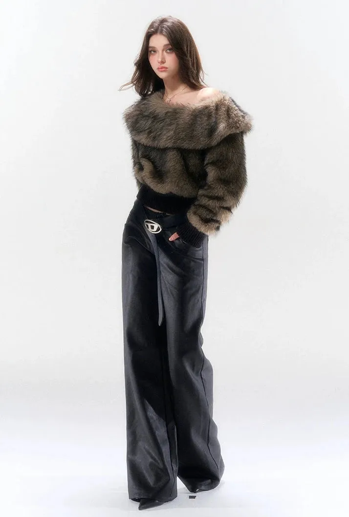 Off-Shoulder Faux Fur Ribbed Cuff Sweater