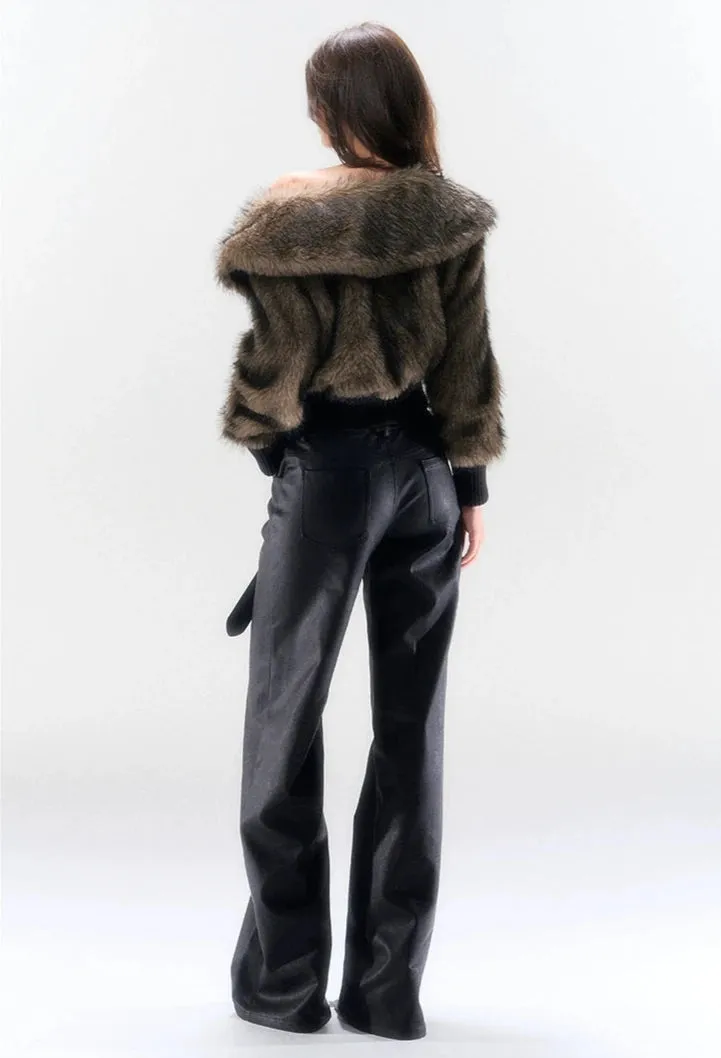 Off-Shoulder Faux Fur Ribbed Cuff Sweater