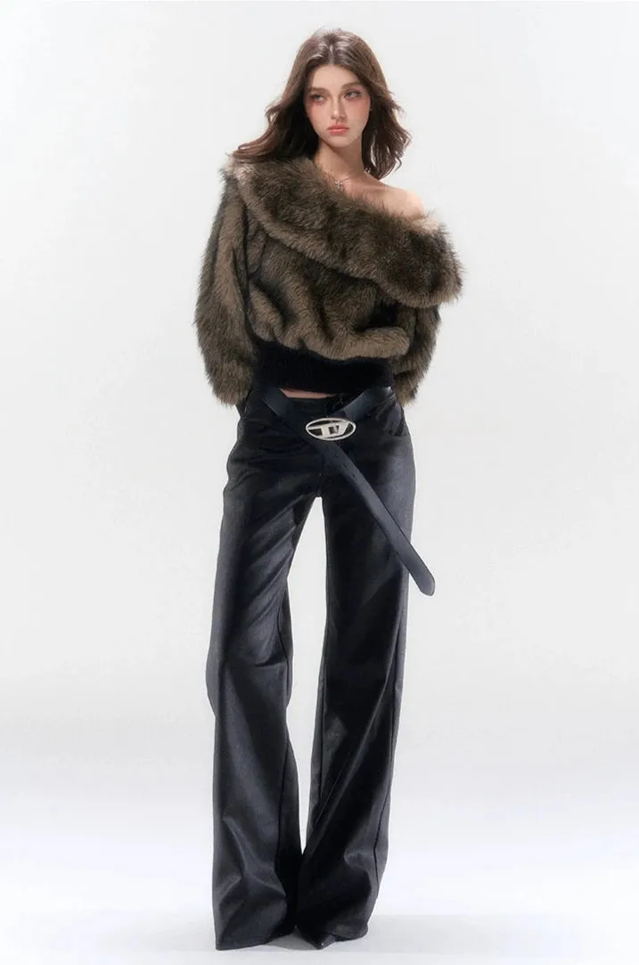 Off-Shoulder Faux Fur Ribbed Cuff Sweater