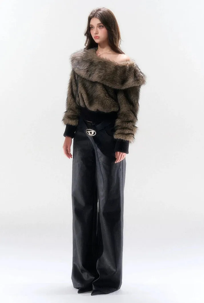 Off-Shoulder Faux Fur Ribbed Cuff Sweater