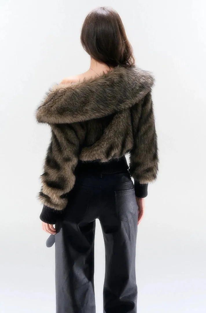 Off-Shoulder Faux Fur Ribbed Cuff Sweater