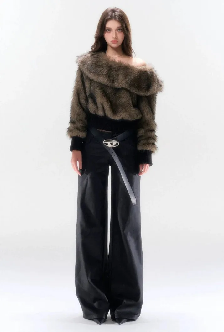 Off-Shoulder Faux Fur Ribbed Cuff Sweater