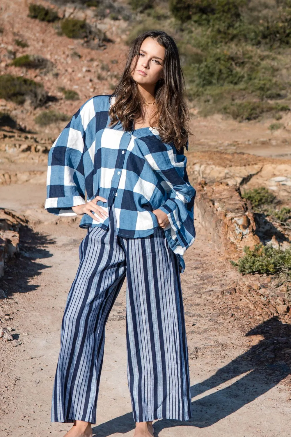 OHLala Linen Navy and White Check Shirt