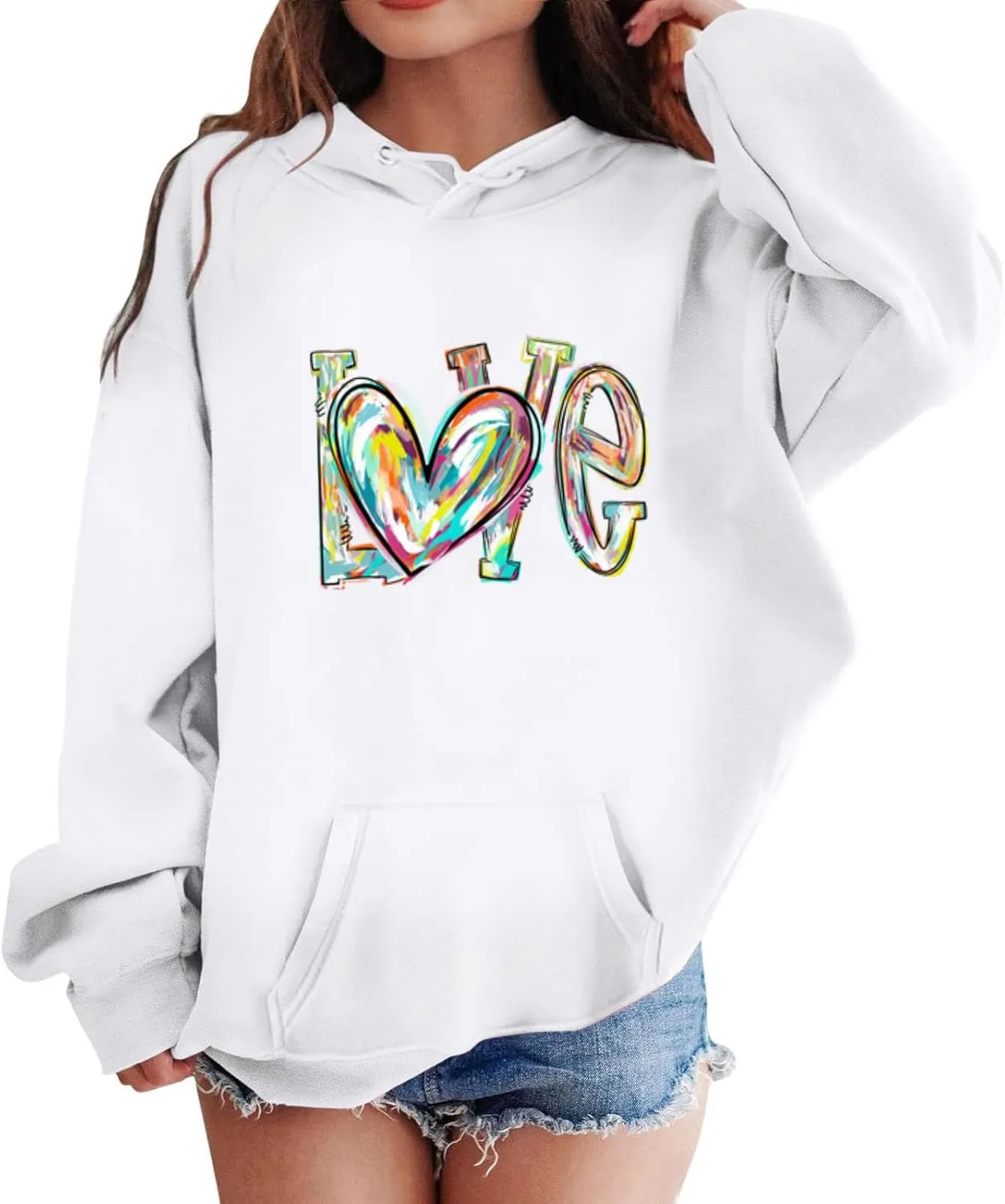 Oversized Hooded Sweatshirts for Teen Girls Cute Hoodies with Pockets Heart Print Graphic Pullover Shirts Tops