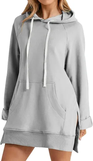 Oversized Hoodie Dress for Women Casual Warm Drawstring Long Sweatshirt with Pocket Fashion Split Hem Long Sleeve Hoodies
