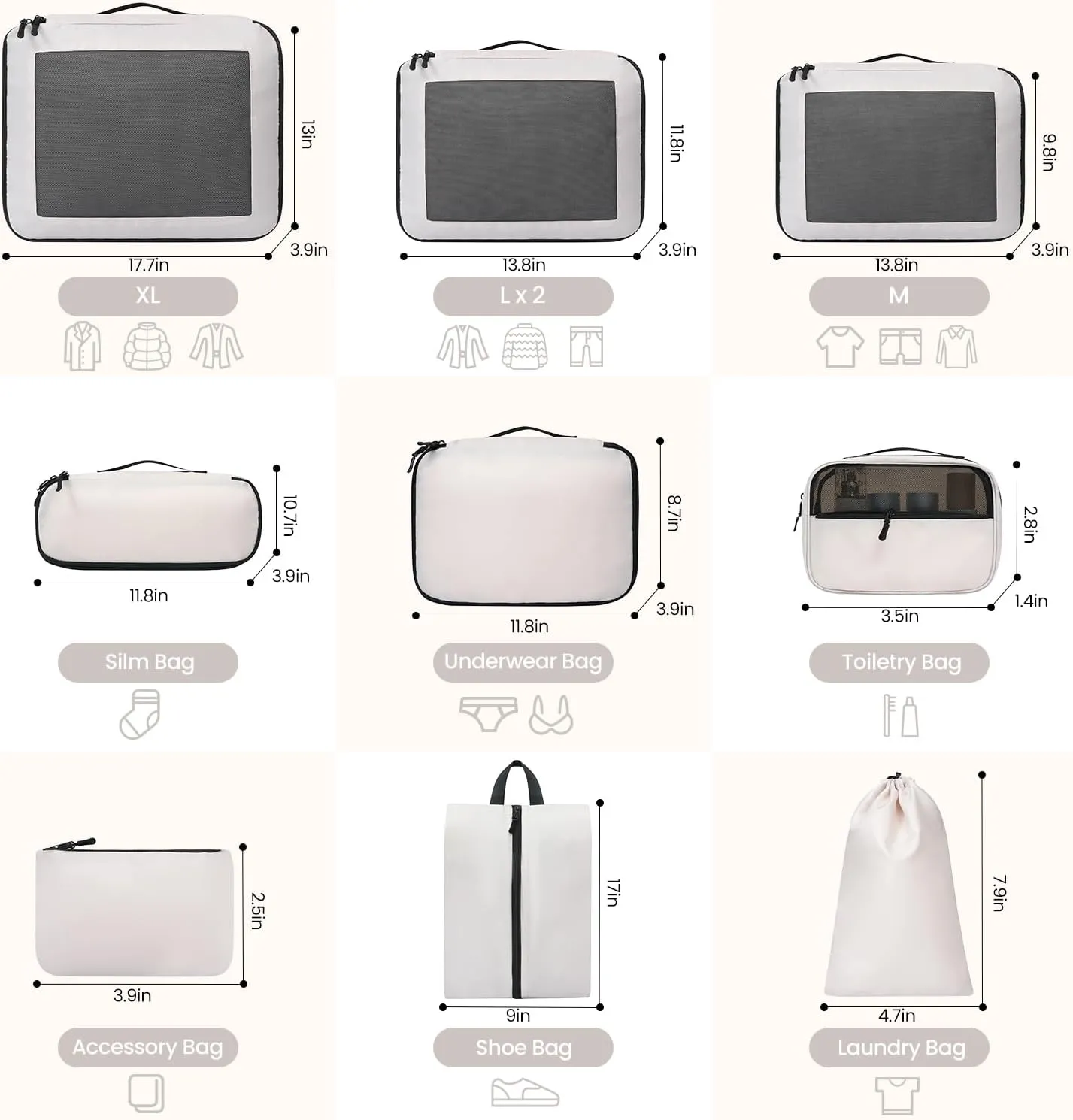 Packing Cubes for Travel | 10 Set Cream |Durable Luggage Organizer 4 Size(Extra Large, Large, Medium, Small),Comprehensive Cubes for Toiletry,Underwear, Shoe,Travel Essentials,Efficient Women Gifts