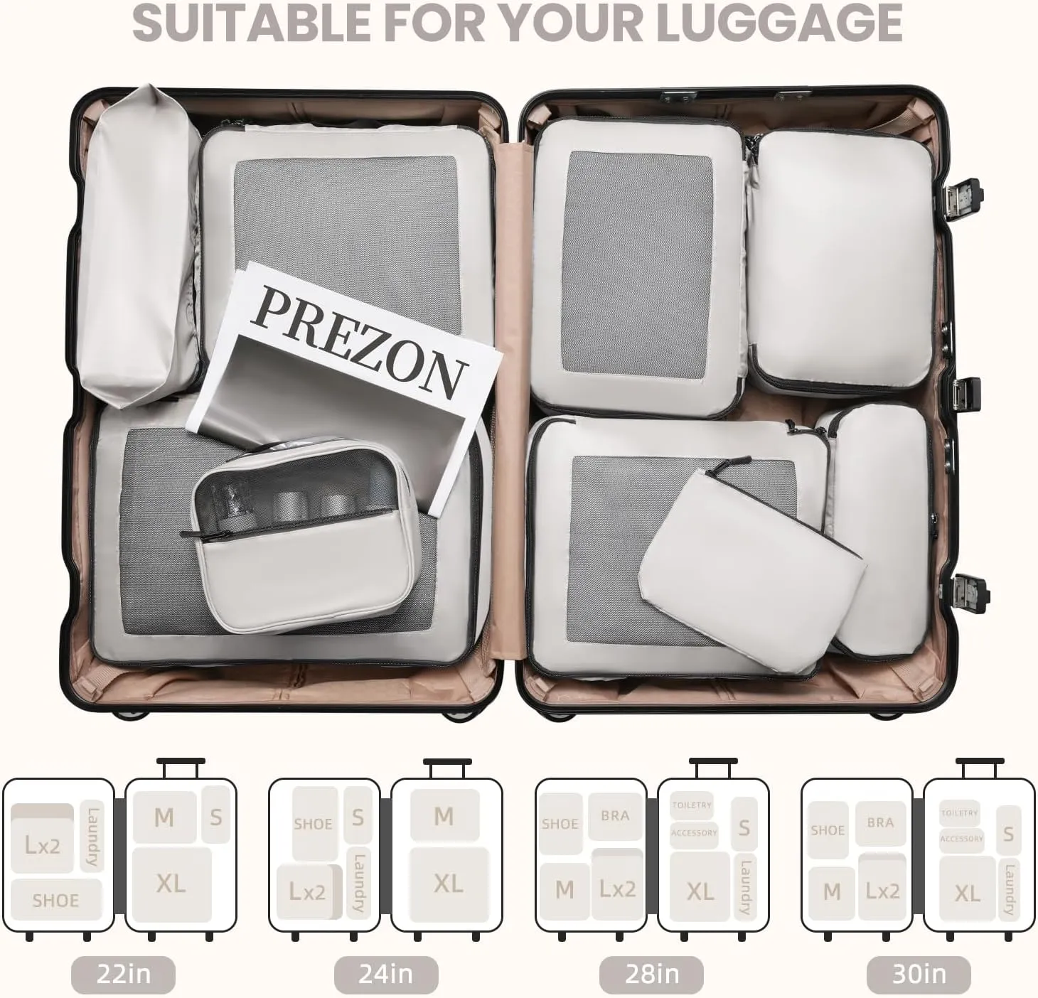 Packing Cubes for Travel | 10 Set Cream |Durable Luggage Organizer 4 Size(Extra Large, Large, Medium, Small),Comprehensive Cubes for Toiletry,Underwear, Shoe,Travel Essentials,Efficient Women Gifts